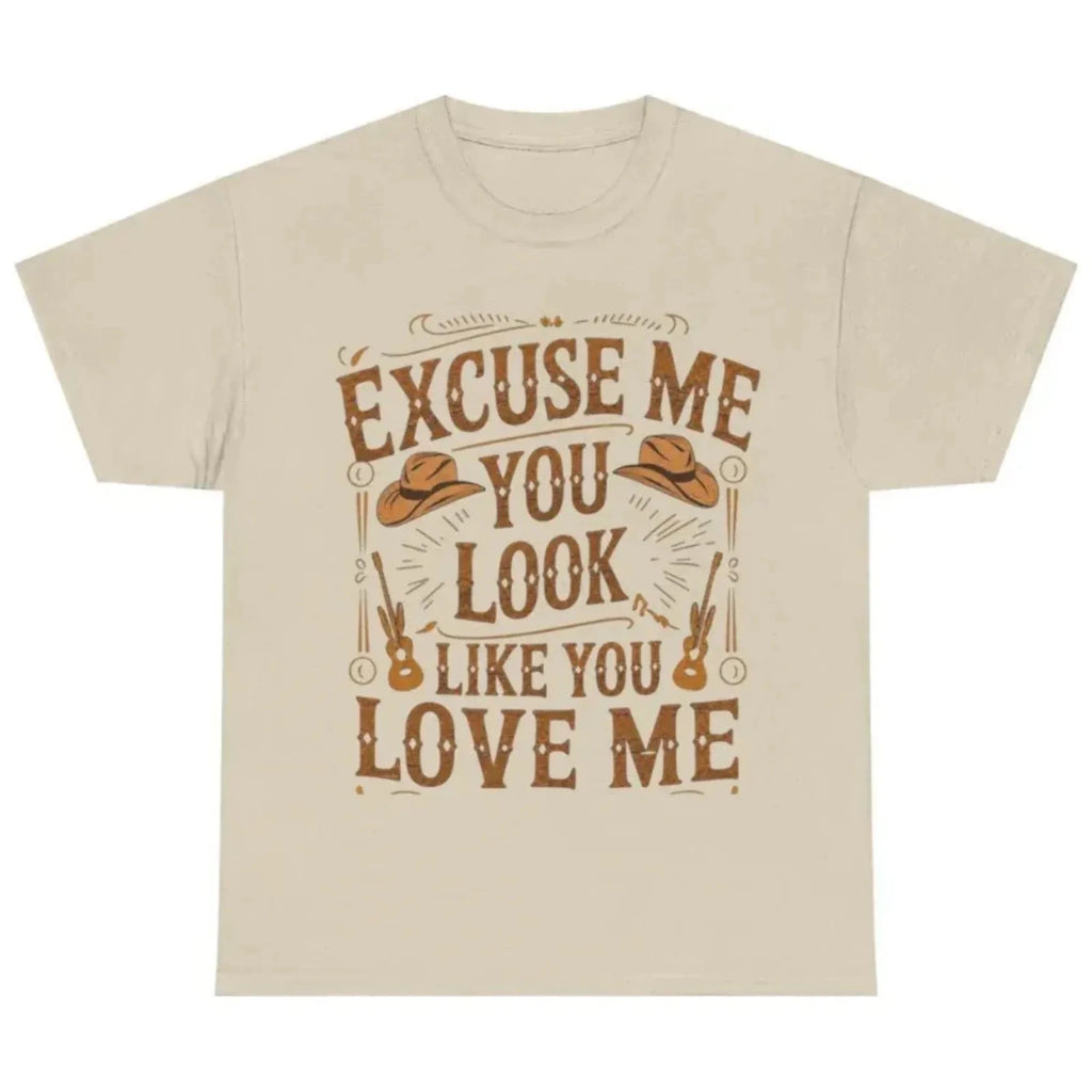 Sand graphic t-shirt featuring the "Excuse Me You Look Like You Love Me" western-inspired graphic with cowboy hats and guitars.