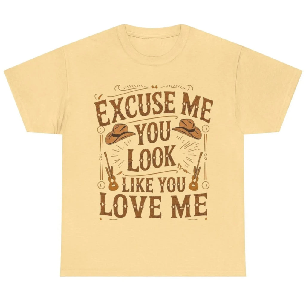 Yellow Haze graphic t-shirt featuring the "Excuse Me You Look Like You Love Me" western-inspired graphic with cowboy hats and guitars.