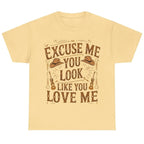 Yellow Haze graphic t-shirt featuring the "Excuse Me You Look Like You Love Me" western-inspired graphic with cowboy hats and guitars.