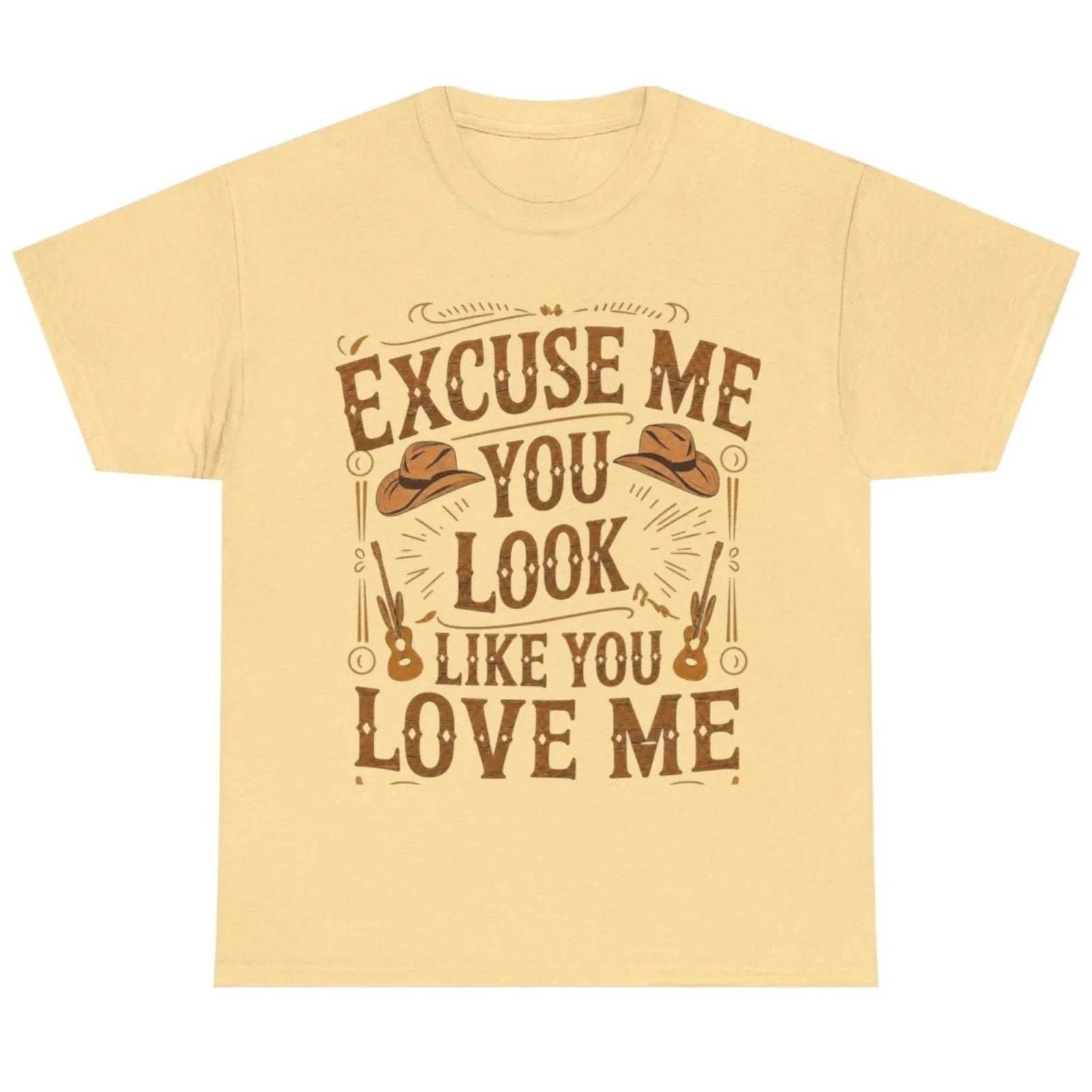 Yellow Haze graphic t-shirt featuring the "Excuse Me You Look Like You Love Me" western-inspired graphic with cowboy hats and guitars.