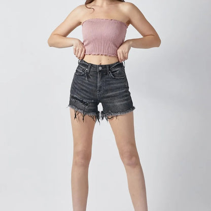 RISEN Raw Hem Denim Shorts with Pockets in Black - Lifestyle View 2
