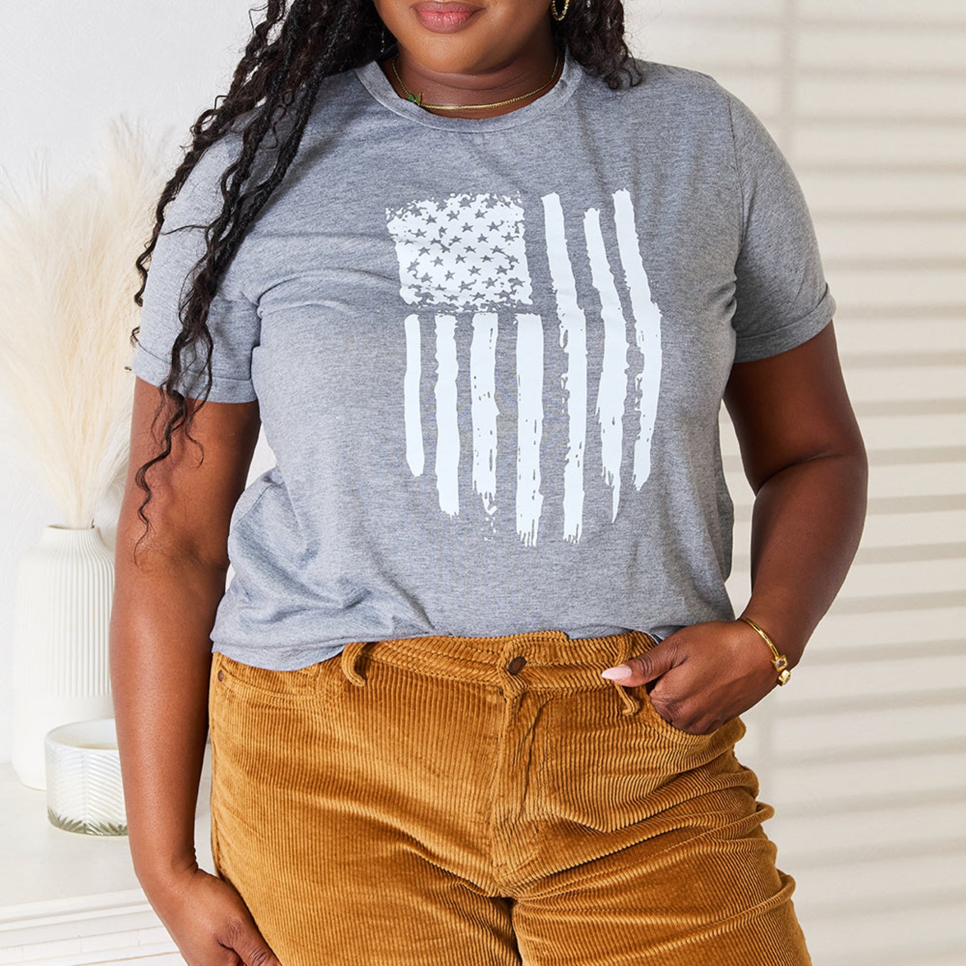 Simply Love US Flag Graphic Cuffed Sleeve T-Shirt in Gray - Lifestyle View 2 