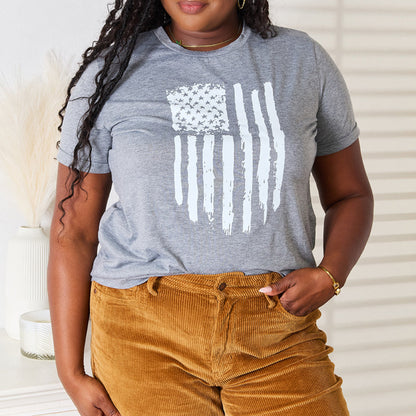 Simply Love US Flag Graphic Cuffed Sleeve T-Shirt in Gray - Lifestyle View 2 