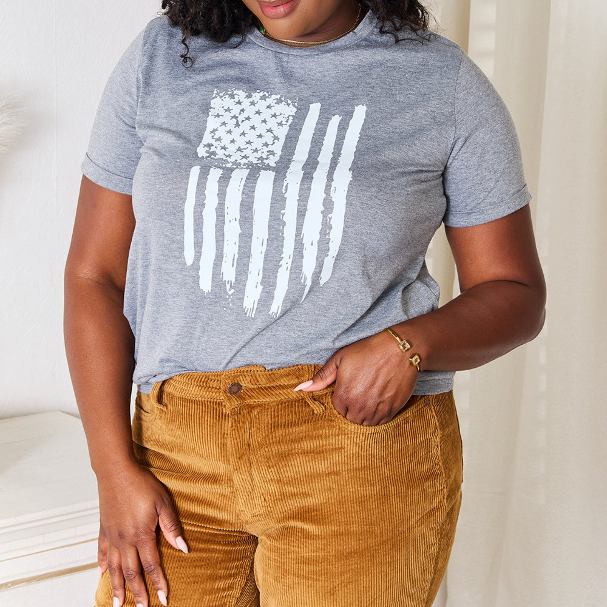 Simply Love US Flag Graphic Cuffed Sleeve T-Shirt in Gray - Lifestyle View 3 