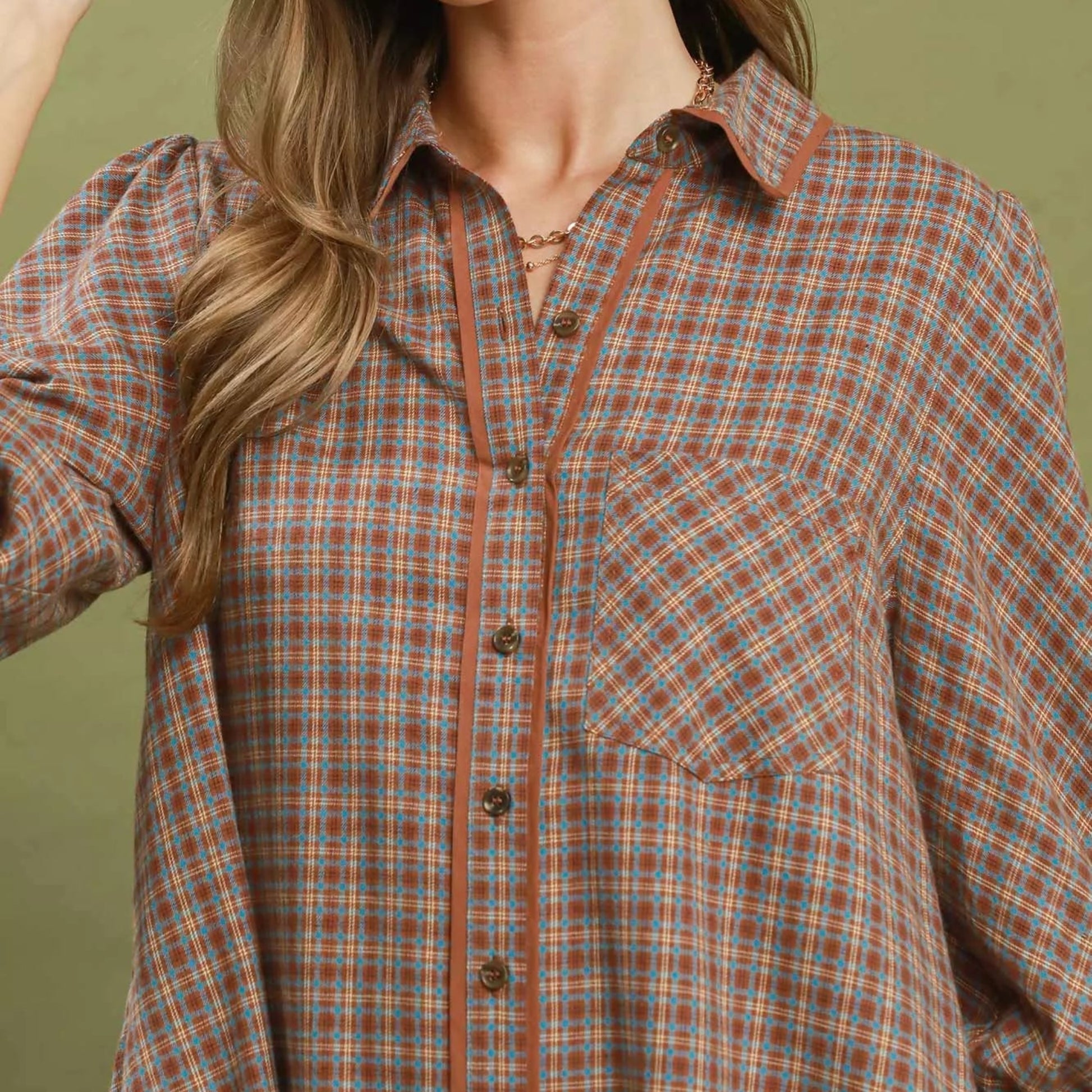 Casual fall outfit styling with an oversized brown plaid shirt dress from Solazura Boutique
