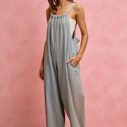 SO ME Wide Leg Lightweight Denim Overalls in Light Denim - Side View 