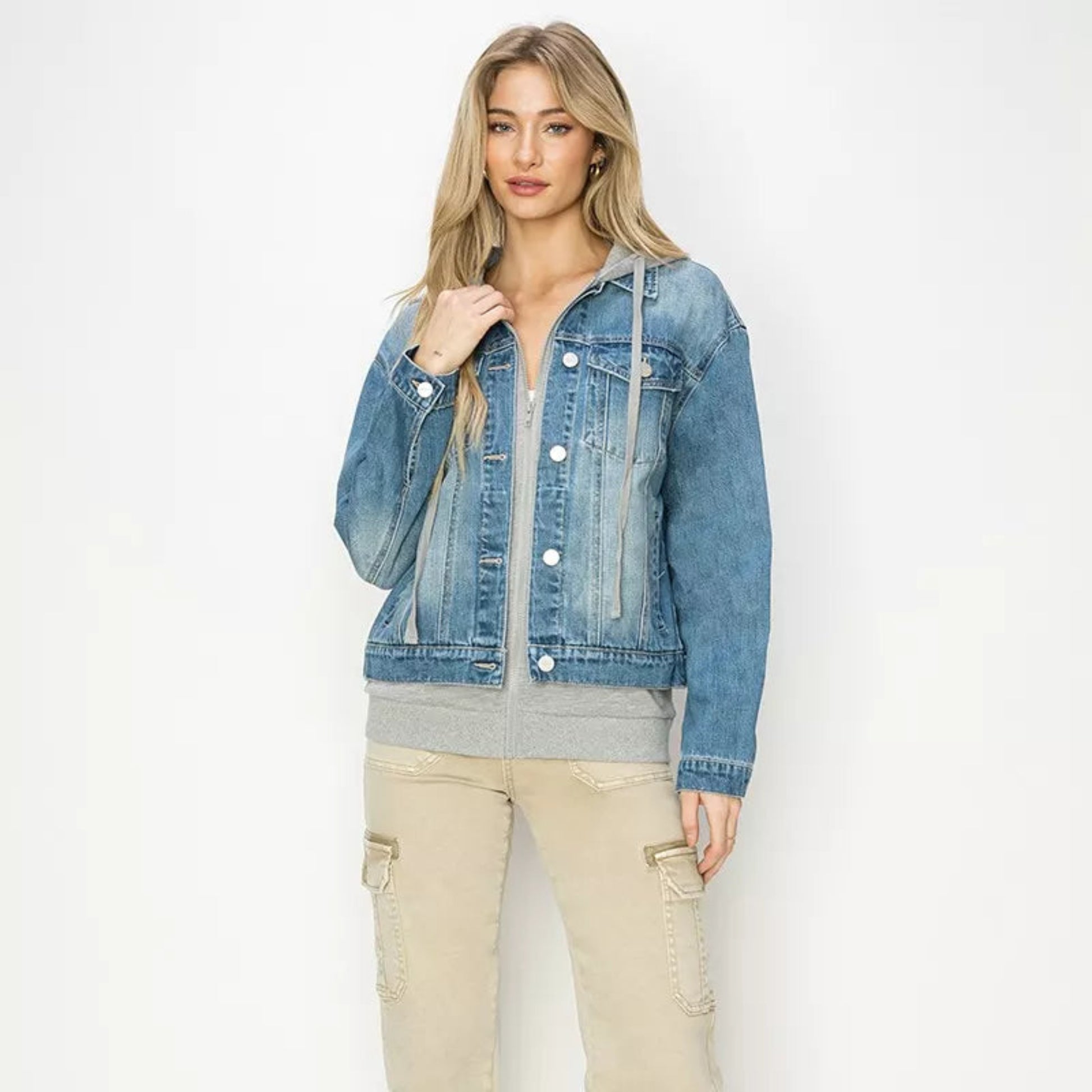 RISEN Oversized Hoodie Jacket in Medium Wash - Detail View