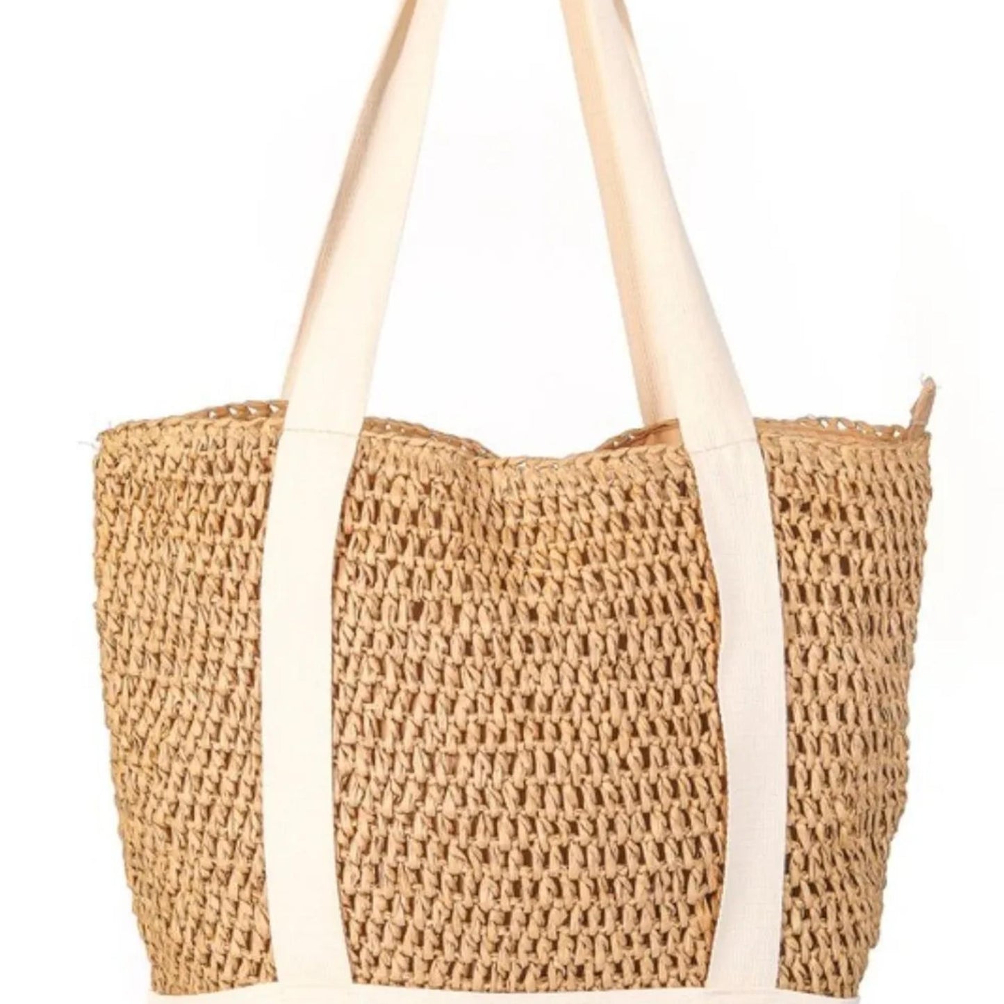 Front view of the Fame straw braided hat carrier tote bag in Camel showing the hat storage cutout.