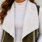 Faux suede sherpa-lined vest close-up showing soft sherpa collar and trim