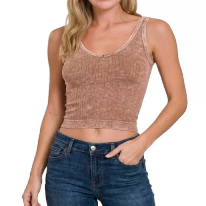 Zenana Washed Ribbed Seamless Cropped V-Neck Tank Top in Deep Camel - Side View
