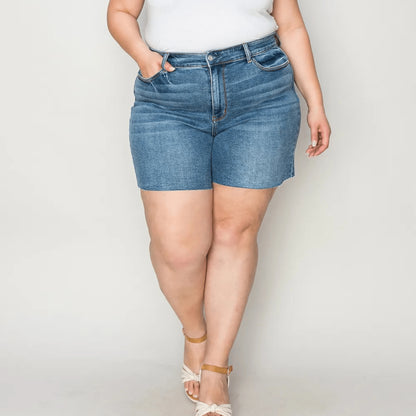 Alternate angle of flattering high-waist slim denim shorts.