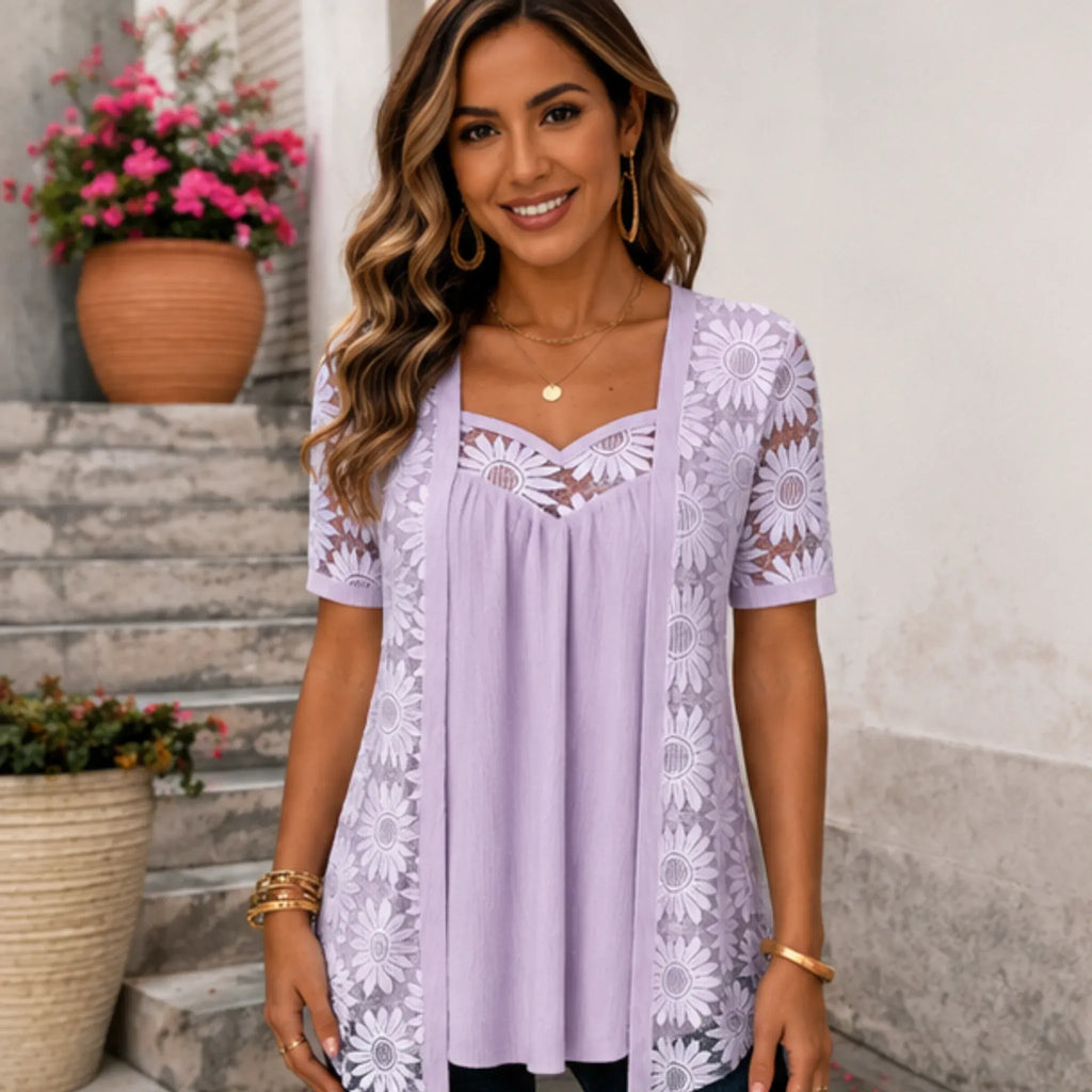 Women's lavender purple floral lace mesh hollow-out faux layered short sleeve boutique top front view.