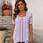 Women's lavender purple floral lace mesh hollow-out faux layered short sleeve boutique top front view.