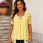 Women's yellow floral lace mesh hollow-out faux layered short sleeve boutique top front view.