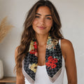 Women's Floral Printed Bandana Scarf in Black front view featuring a lightweight square fashion scarf styled around the neck.
