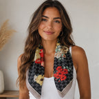 Women's Floral Printed Bandana Scarf in Black front view featuring a lightweight square fashion scarf styled around the neck.