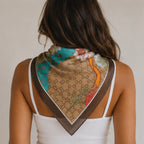 Back view of the Women's Floral Printed Bandana Scarf in Khaki showcasing the floral print and lightweight square scarf design.