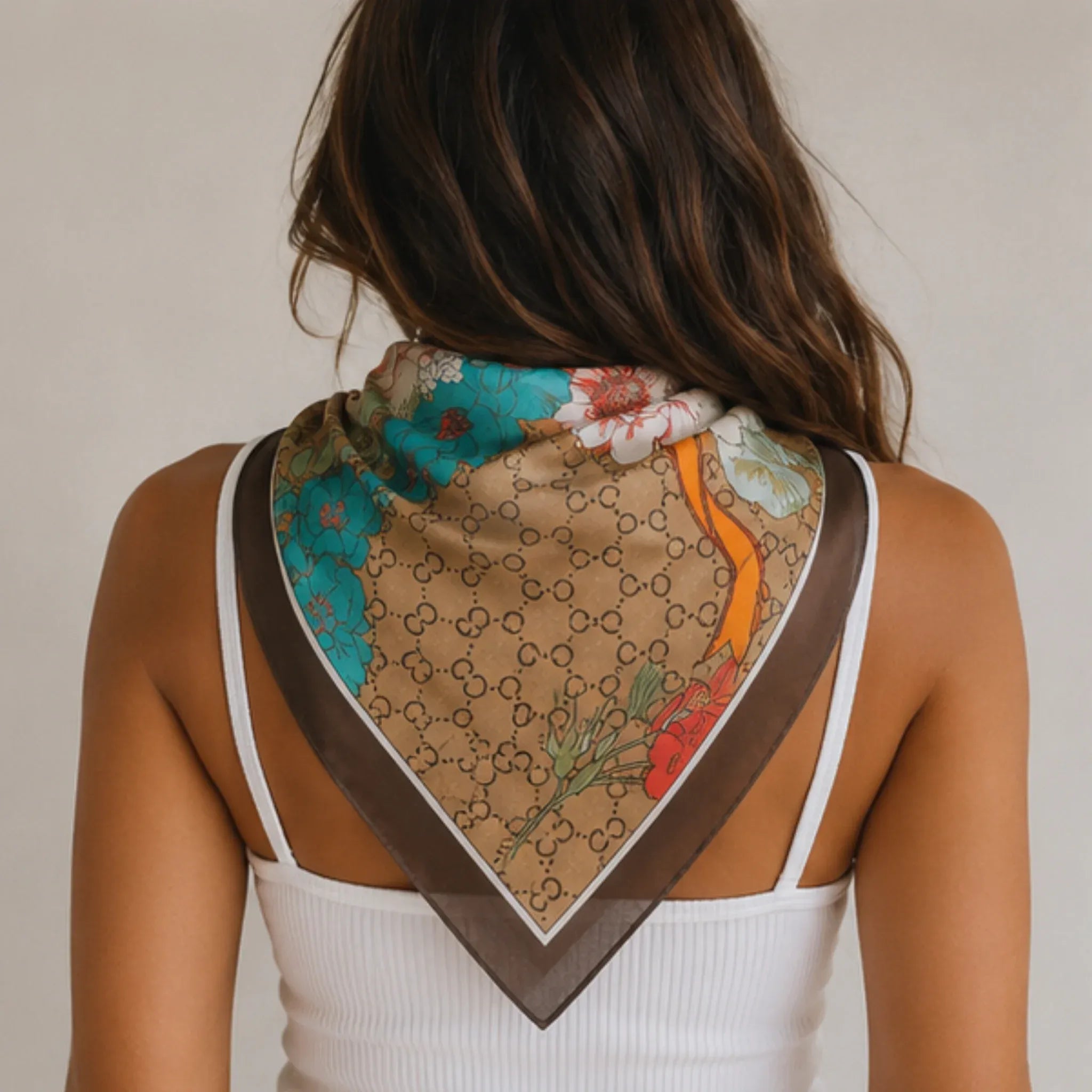 Back view of the Women's Floral Printed Bandana Scarf in Khaki showcasing the floral print and lightweight square scarf design.