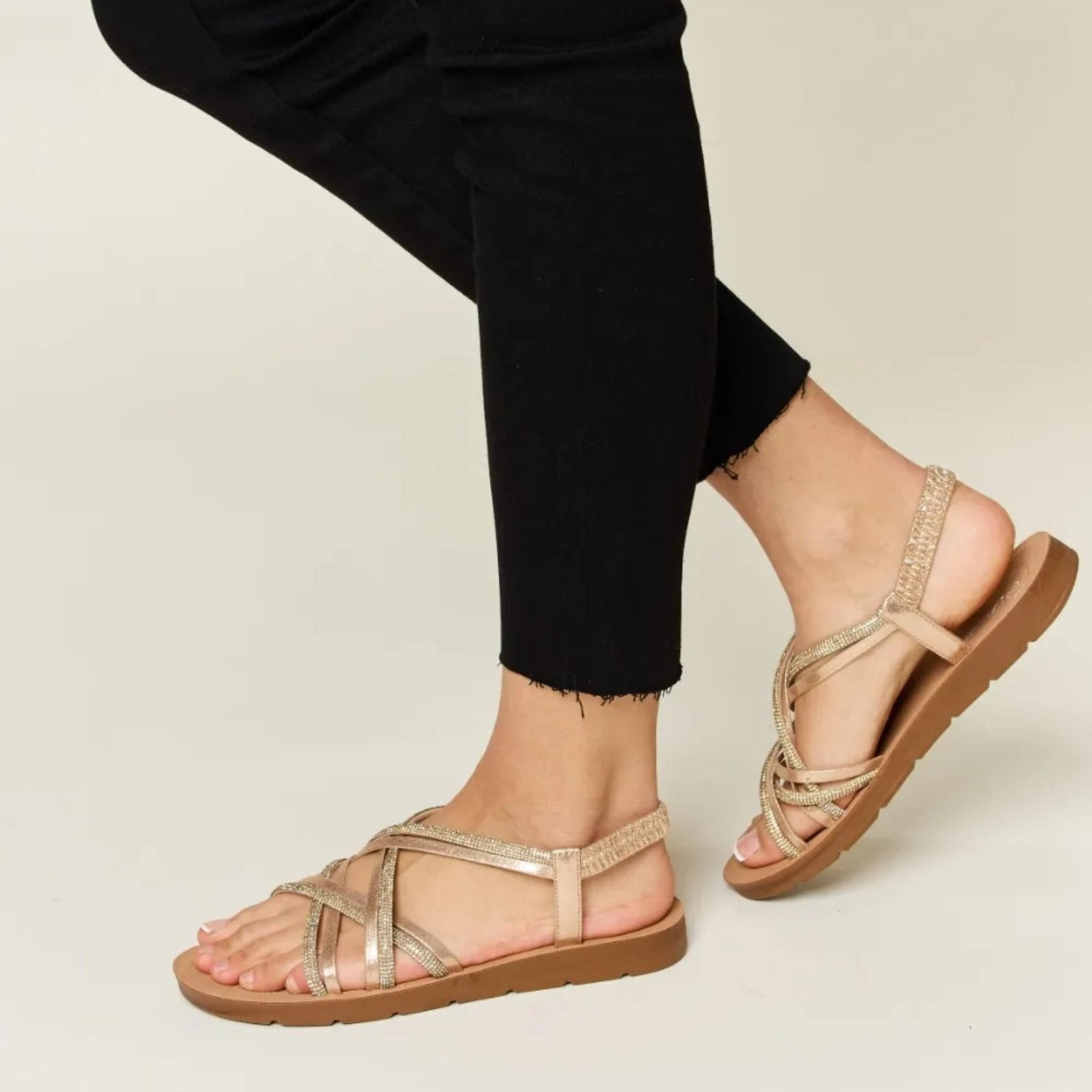 Forever Link Rhinestone Crisscross Flat Sandals - Sparkly Summer Flats-Trendsi - Solazura Boutique