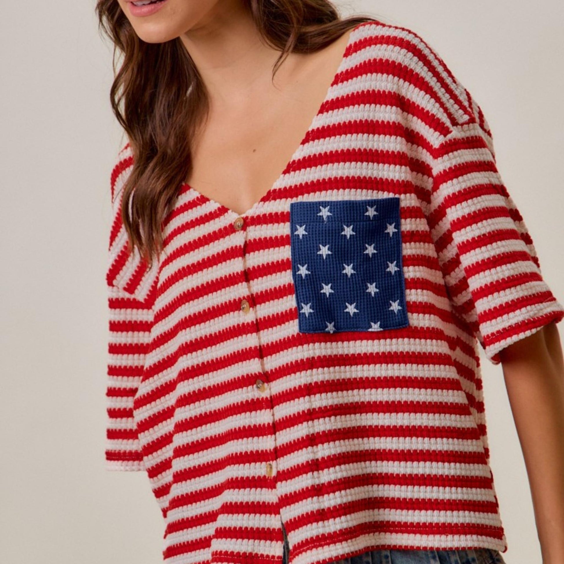 Full styling of the SO ME patriotic cardigan top for a Fourth of July celebration.