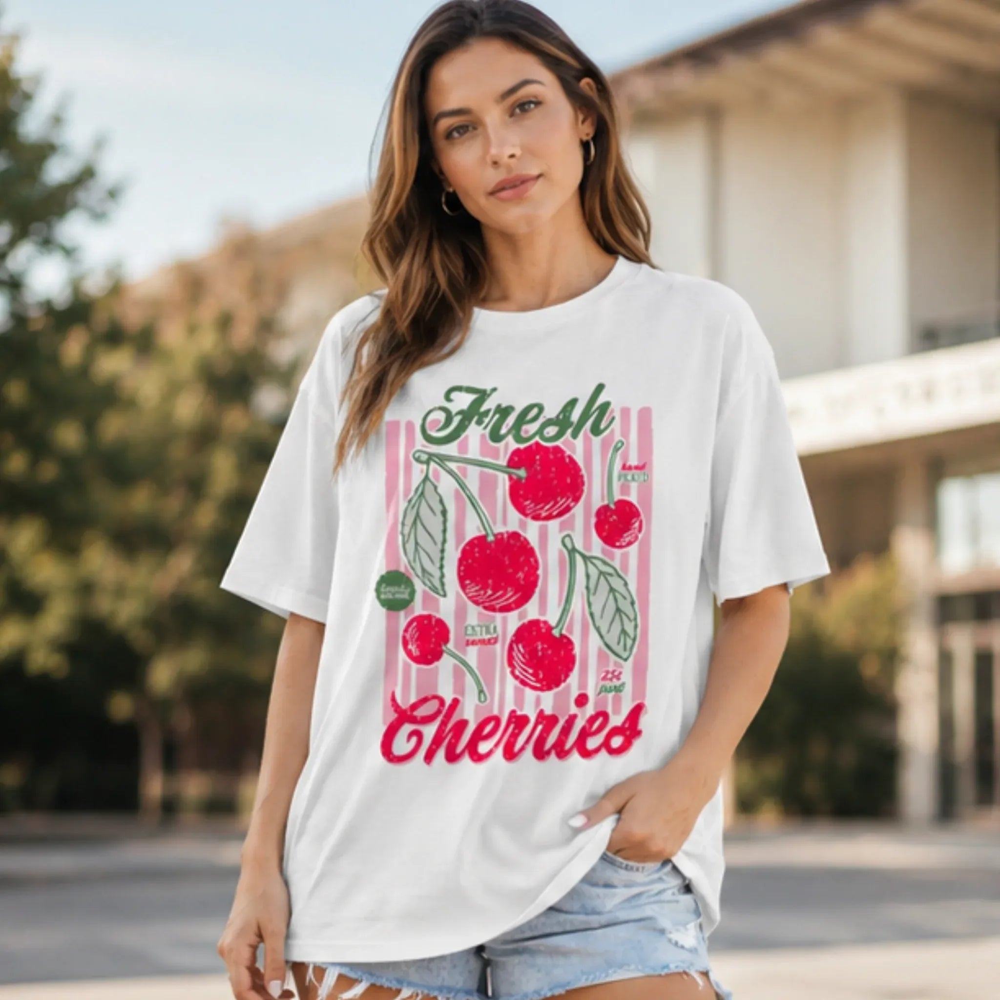 Women's Fresh Cherries Graphic Oversized T-Shirt front view in white with vintage cherry graphic.