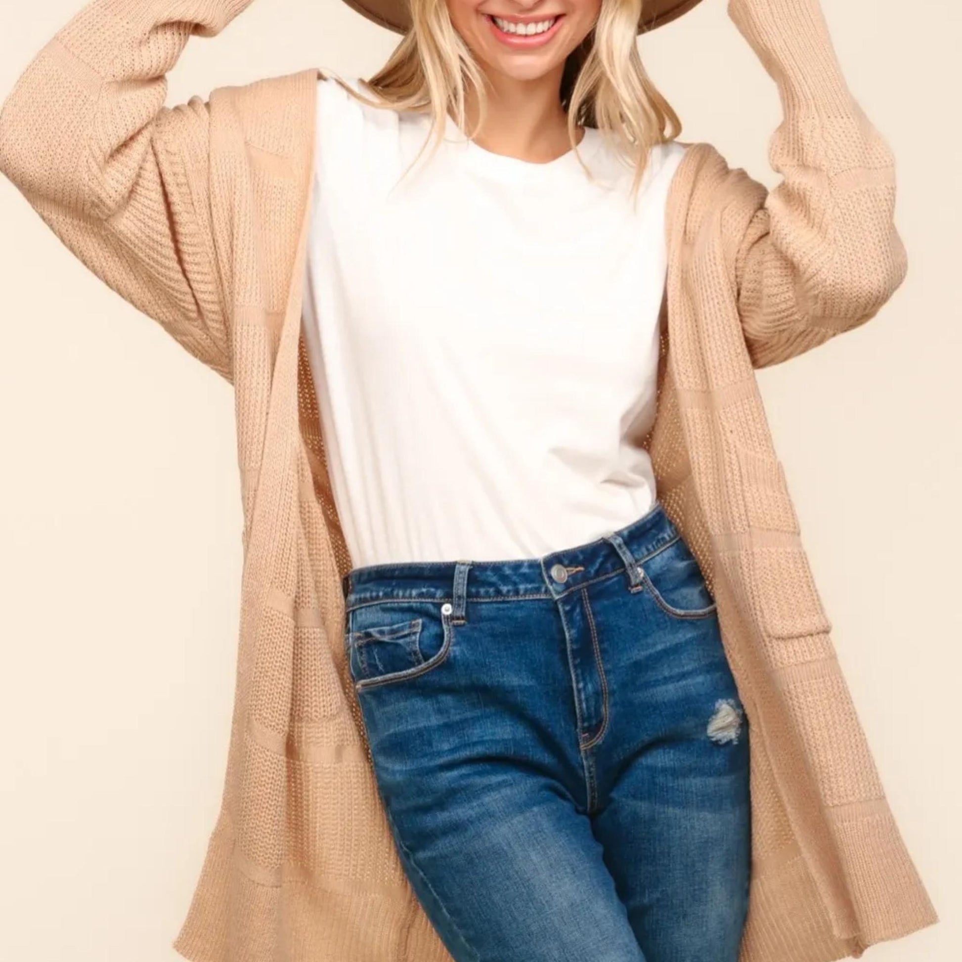 Front view of the Haptics Taupe striped textured open front cardigan.