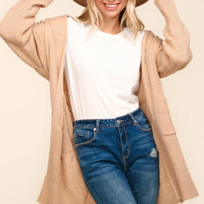 Front view of the Haptics Taupe striped textured open front cardigan.