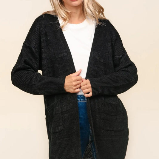 Haptics Stripe Textured Open Front Cardigan with Pockets - Black-Trendsi - Solazura Boutique