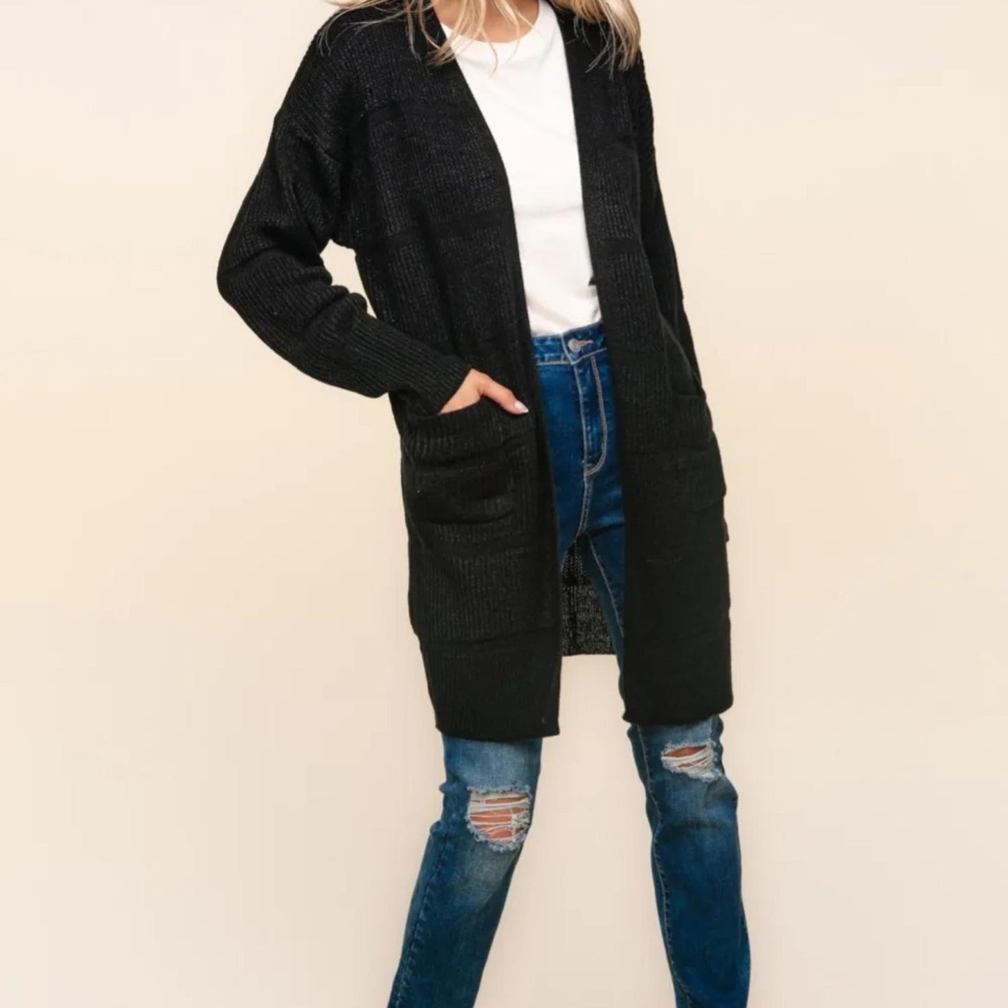 Haptics Stripe Textured Open Front Cardigan with Pockets - Black-Trendsi - Solazura Boutique