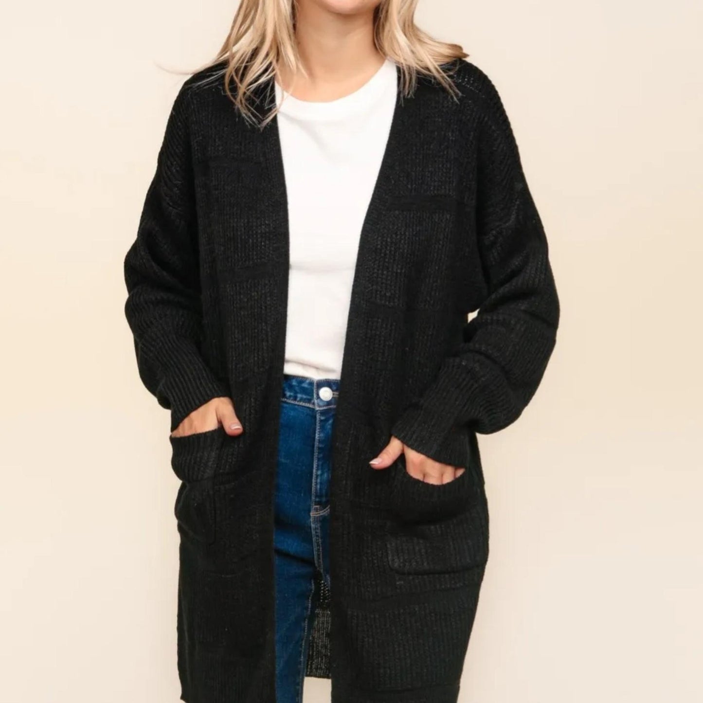 Haptics Stripe Textured Open Front Cardigan with Pockets - Black-Trendsi - Solazura Boutique
