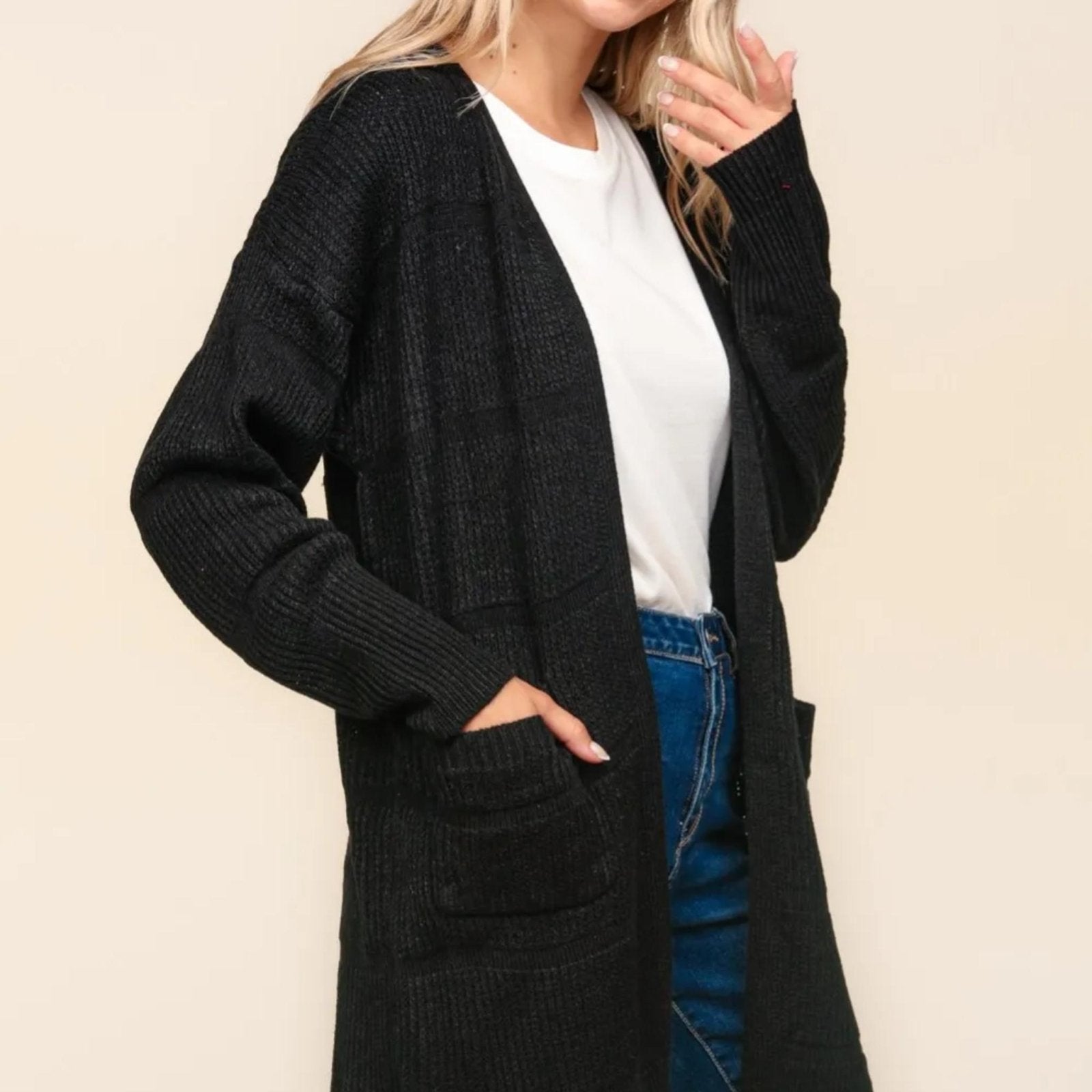 Haptics Stripe Textured Open Front Cardigan with Pockets - Black-Trendsi - Solazura Boutique