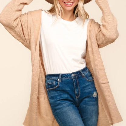 Haptics Stripe Textured Open Front Cardigan with Pockets - Taupe-Trendsi - Solazura Boutique