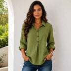Women's army green linen blend button-front blouse with collared neckline, wooden buttons, and relaxed fit.
