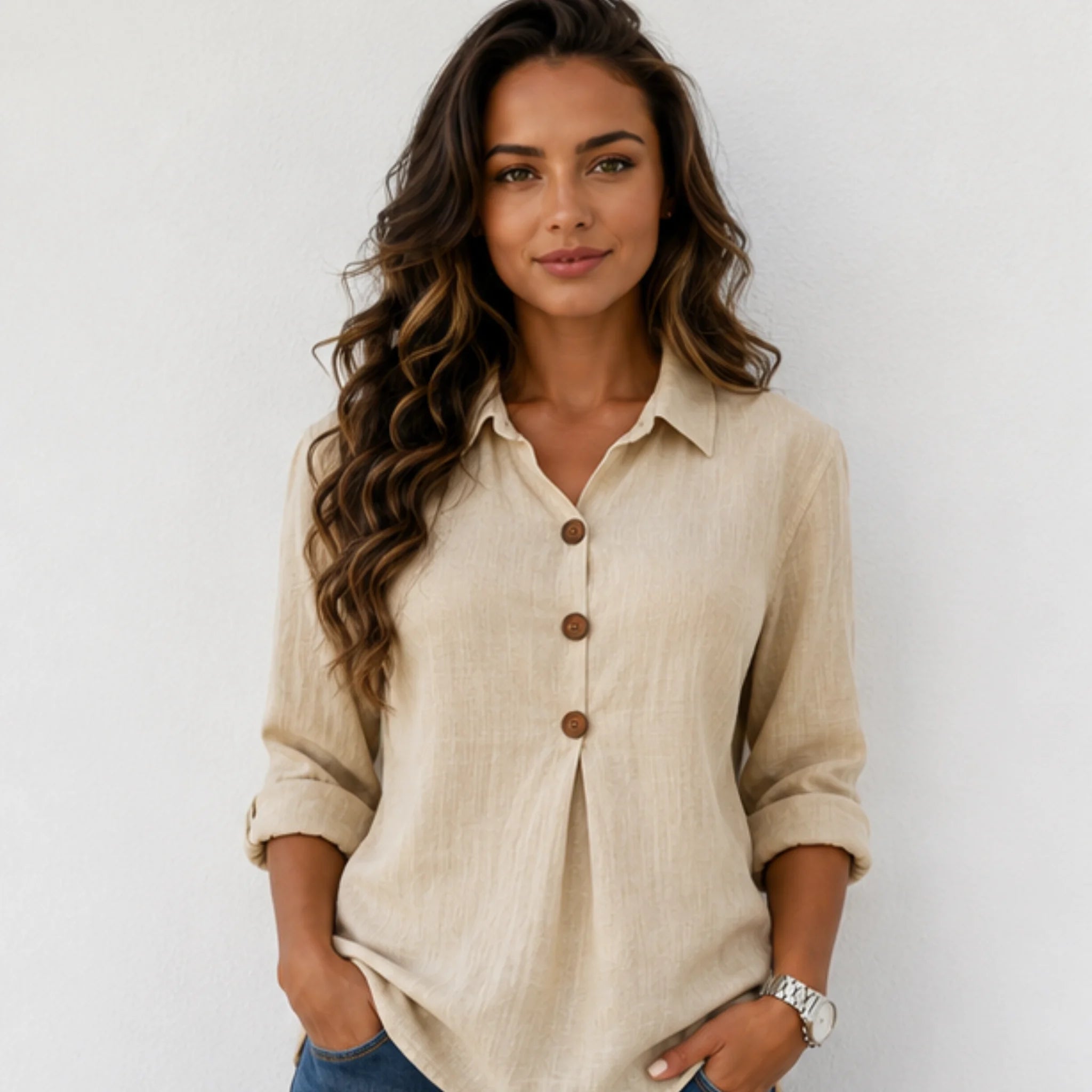 Women's beige linen blend button-front blouse with collared neckline, wooden buttons, and relaxed fit.