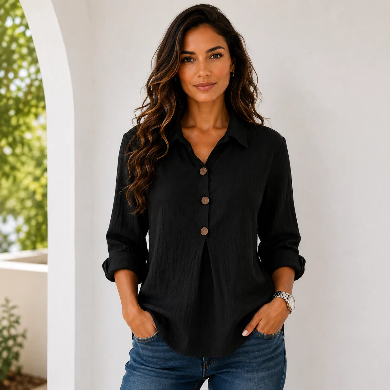 Women's black linen blend button-front blouse with collared neckline, rolled long sleeves, and relaxed fit.