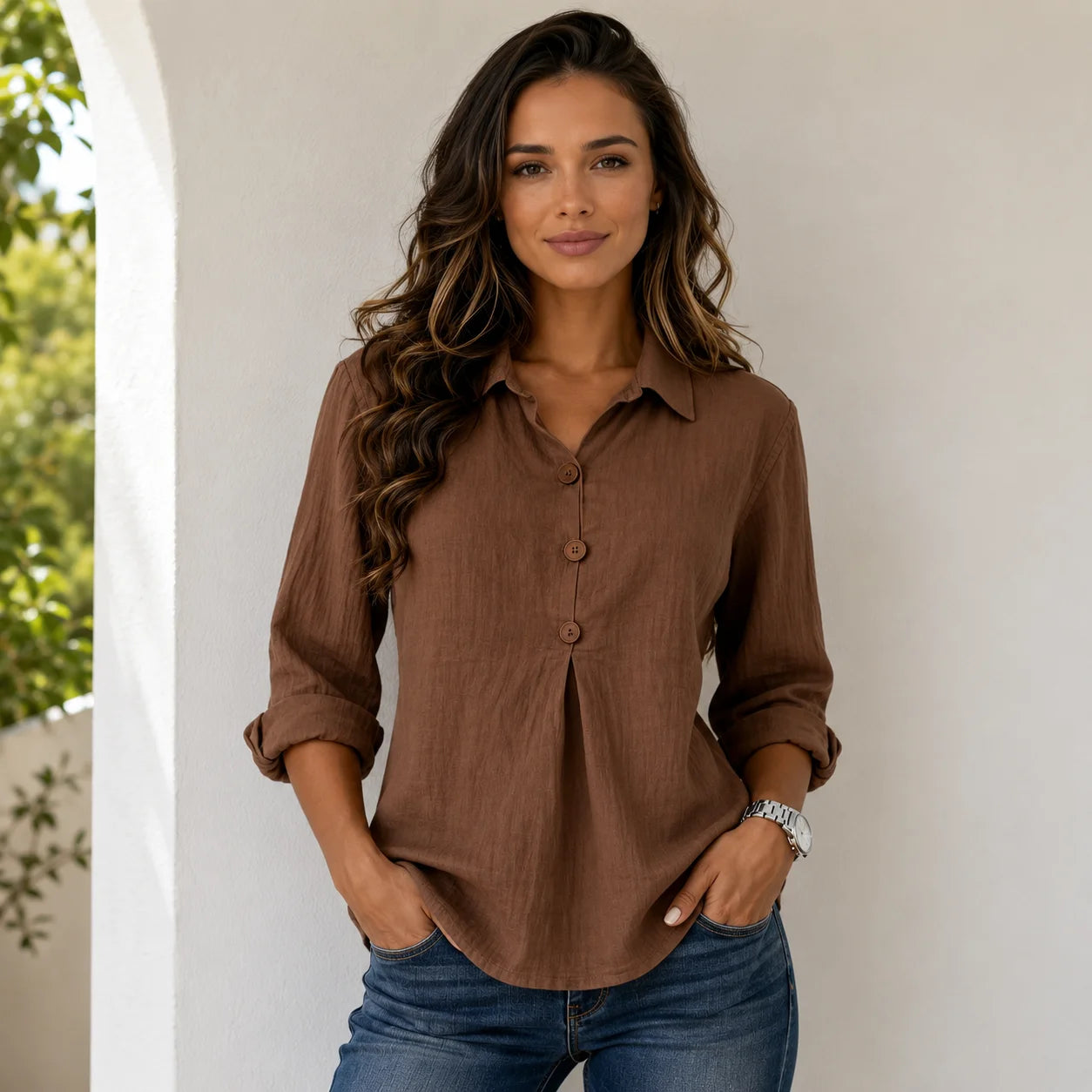 Women's brown linen blend button-front blouse with collared neckline, rolled sleeves, and relaxed fit.