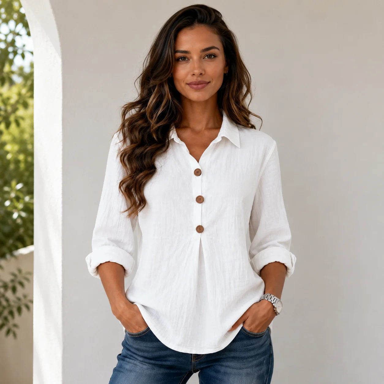 Women's white linen blend button-front blouse with collared neckline, wooden buttons, and relaxed fit.