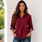 Women's wine red linen blend button-front blouse with collared neckline, wooden buttons, and relaxed fit.