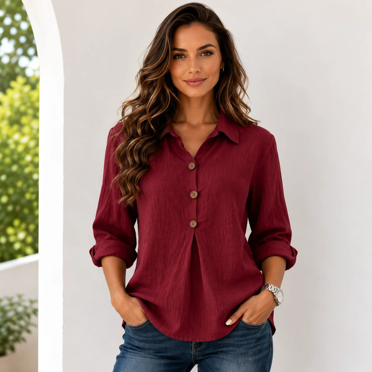 Women's wine red linen blend button-front blouse with collared neckline, wooden buttons, and relaxed fit.