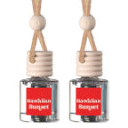 Two matching car air freshener bottles with clear glass bodies, beige wooden diffusers, and beige hanging cords, each labeled Hawaiian Sunset on a red square.