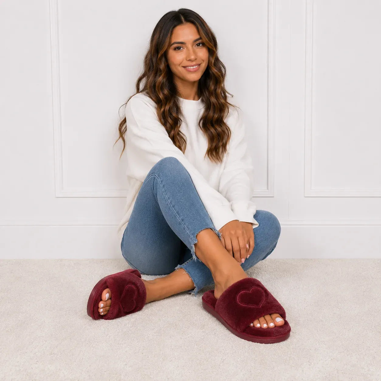 Woman wearing wine red Heart Plush House Slippers with plush faux fur and embroidered heart detail.
