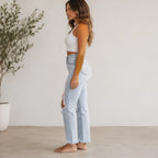 Side view of Women's High Waist Distressed Straight Leg Jeans in light blue featuring a flattering high-rise waist and distressed straight-leg design.