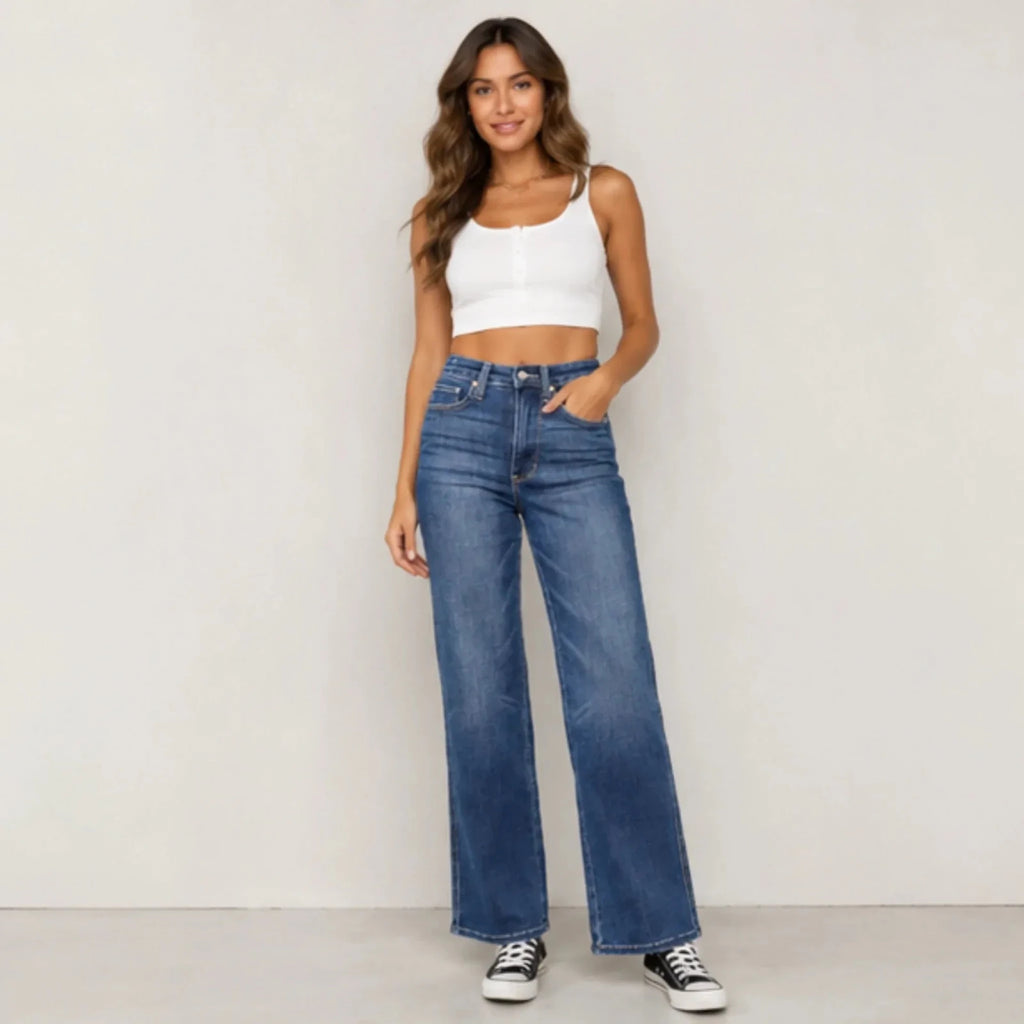 Women's Judy Blue Full Size High Waist Tummy Control Jeans front view featuring premium stretch denim, high-rise fit, tummy control panel, and wide-leg silhouette.