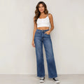 Women's Judy Blue Full Size High Waist Tummy Control Jeans front view featuring premium stretch denim, high-rise fit, tummy control panel, and wide-leg silhouette.
