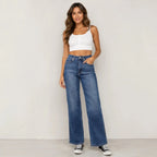 Women's Judy Blue Full Size High Waist Tummy Control Jeans front view featuring premium stretch denim, high-rise fit, tummy control panel, and wide-leg silhouette.