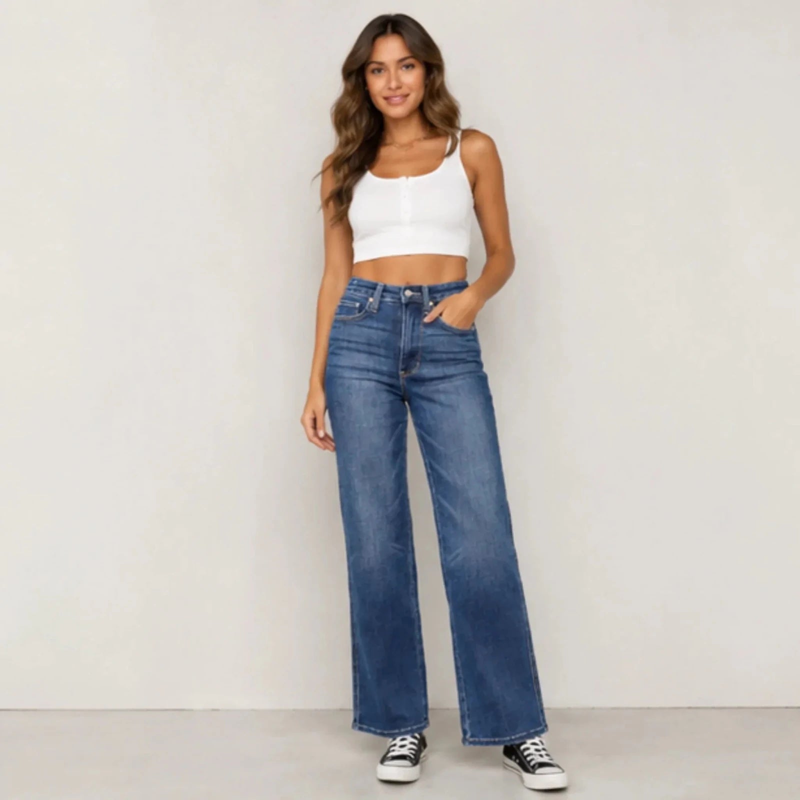 Women's Judy Blue Full Size High Waist Tummy Control Jeans front view featuring premium stretch denim, high-rise fit, tummy control panel, and wide-leg silhouette.