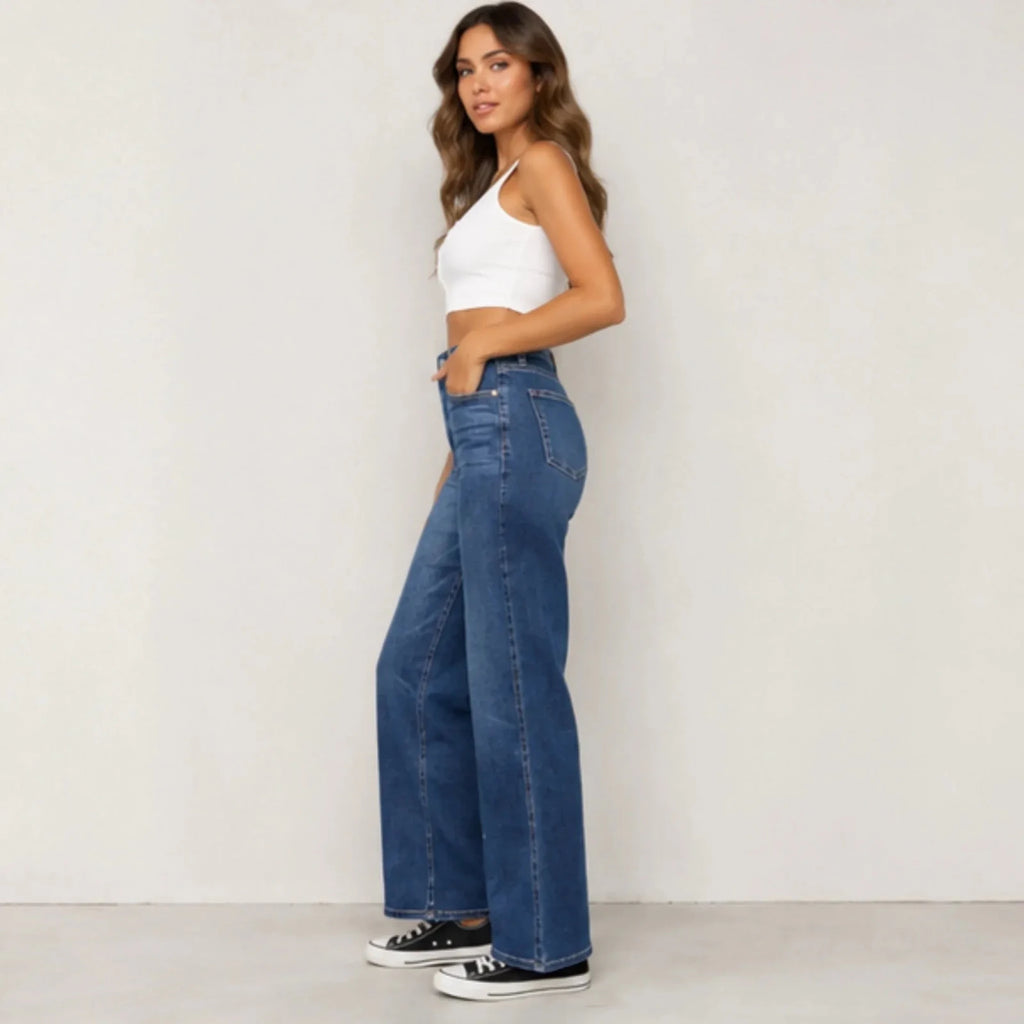 Women's Judy Blue Full Size High Waist Tummy Control Jeans front view featuring premium stretch denim, high-rise fit, tummy control panel, and wide-leg silhouette.