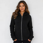 Women's black hooded fleece-lined zip-up sweatshirt with full front zipper and pockets