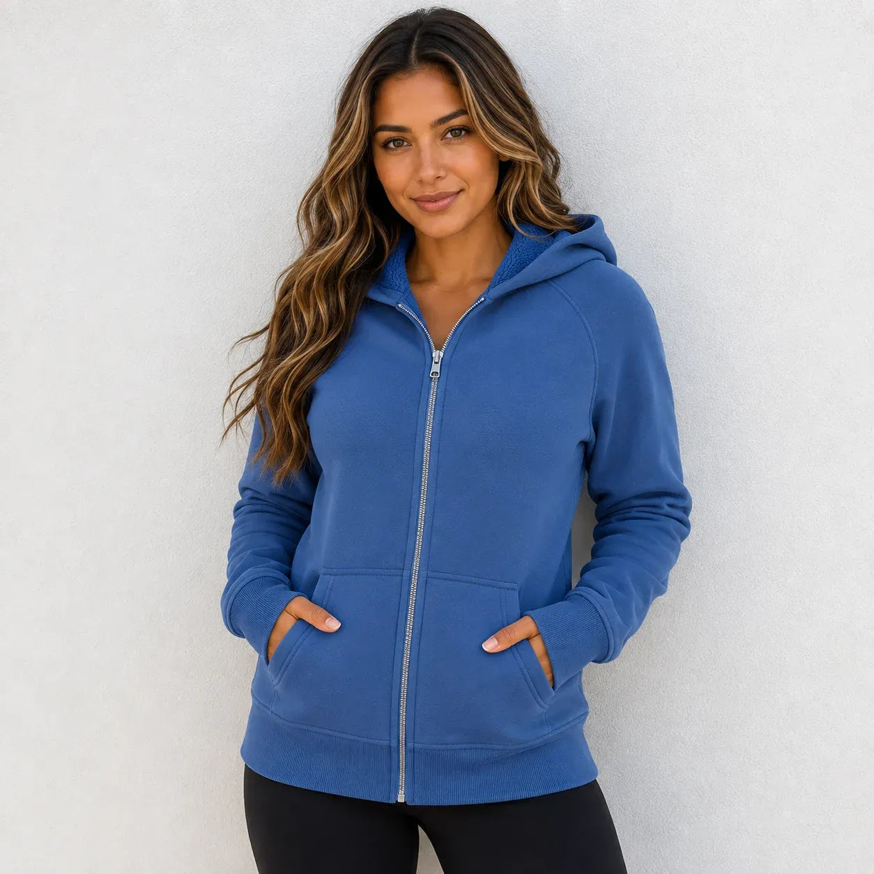 Women's blue hooded fleece-lined zip-up sweatshirt with front pockets