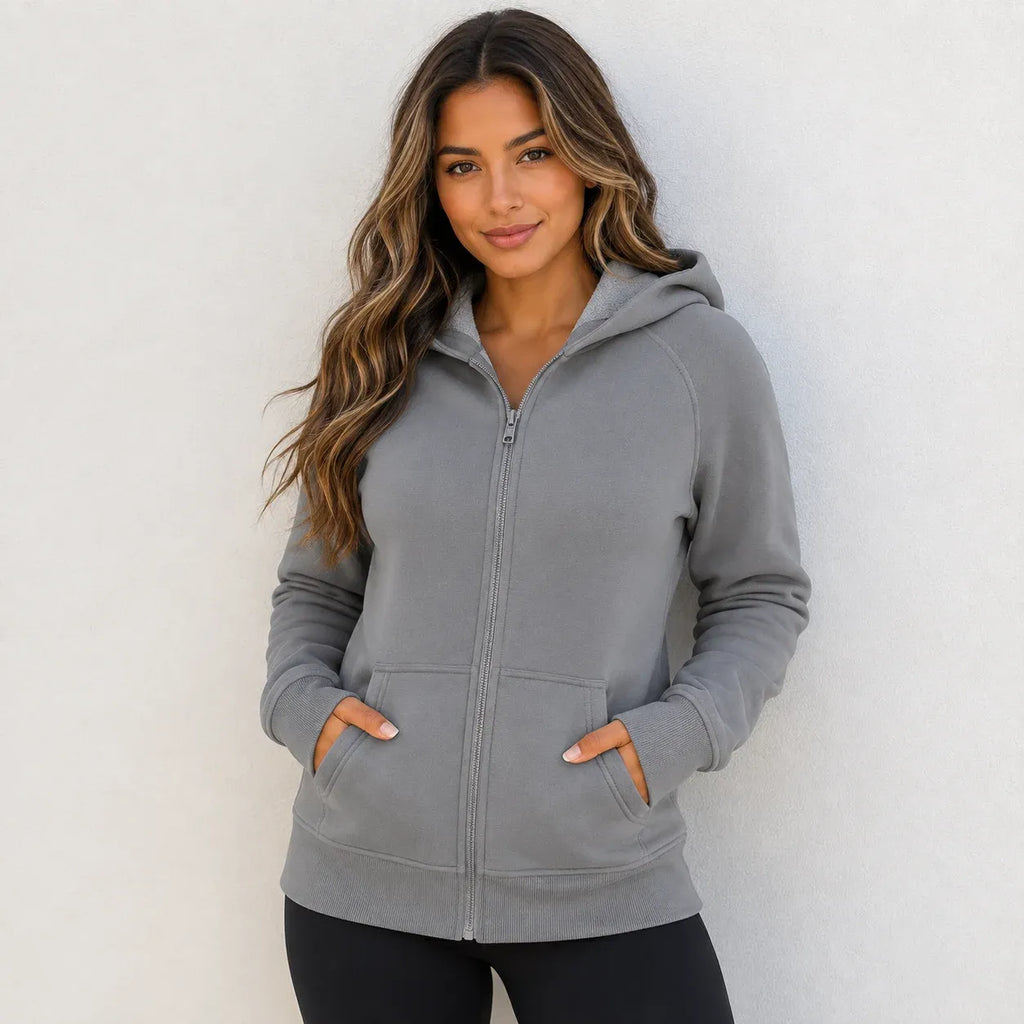 Women's gray hooded fleece-lined zip-up sweatshirt with front pockets